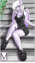 Size: 2160x3840 | Tagged: safe, artist:maximus, imported from derpibooru, oc, oc:willow aurora, anthro, bat pony, breasts, cleavage, clothes, dress, female, shoes, solo, stairs