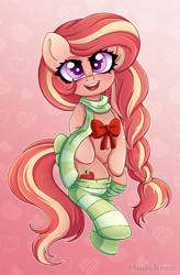 Size: 2000x3058 | Tagged: safe, artist:madelinne, imported from derpibooru, oc, oc only, oc:tixe, bow, clothes, looking at you, scarf, smiling, smiling at you, socks, solo, striped scarf, striped socks
