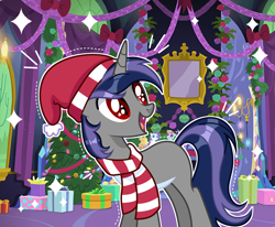 Size: 3488x2880 | Tagged: safe, artist:sarahsuresh-art, imported from derpibooru, oc, oc only, oc:dreaming star, bat pony, bat pony unicorn, hybrid, pony, unicorn, bat pony oc, christmas, christmas tree, clothes, commission, fangs, festive, happy, hat, hearts warming day, holiday, horn, male, pale belly, present, santa hat, scarf, solo, stallion, striped scarf, tree, twilight's castle, unicorn oc, ych result