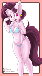Size: 2160x3840 | Tagged: safe, artist:maximus, imported from derpibooru, oc, oc:amare minuet, anthro, unicorn, bikini, clothes, female, hand behind back, jewelry, solo, swimsuit