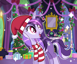 Size: 3488x2880 | Tagged: safe, artist:sarahsuresh-art, imported from derpibooru, oc, oc only, oc:dreaming bell, unicorn, christmas, christmas tree, clothes, commission, female, festive, happy, hat, hearts warming day, holiday, horn, mare, present, santa hat, scarf, solo, striped scarf, tree, twilight's castle, unicorn oc, ych result