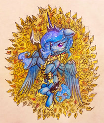 Size: 2636x3130 | Tagged: safe, artist:itssim, imported from derpibooru, princess luna, alicorn, pony, armor, golden armor, leaves, solo, spear, traditional art, weapon, wings