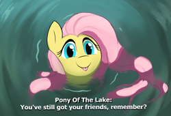Size: 957x652 | Tagged: safe, artist:owlnon, imported from derpibooru, fluttershy, pegasus, pony, :p, cute, daaaaaaaaaaaw, dialogue, drawthread, female, lake, looking at you, shyabetes, solo, swimming, tongue out