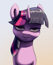 Size: 1005x1239 | Tagged: safe, artist:suhar, imported from derpibooru, twilight sparkle, pony, unicorn, bedroom eyes, female, gradient background, horn, looking at you, mare, solo, unicorn twilight, yandere