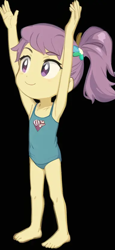 Size: 384x832 | Tagged: safe, editor:luckreza8, imported from derpibooru, human, equestria girls, ai content, ai generated, anime, black background, clothes, female, generator:pinegraph, happy, lily pad (g4), one-piece swimsuit, simple background, solo, swimsuit