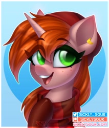 Size: 853x1000 | Tagged: safe, artist:sickly-sour, imported from derpibooru, oc, oc only, oc:debra rose, pony, unicorn, clothes, ear piercing, earring, eye clipping through hair, eyebrows, eyebrows visible through hair, freckles, jewelry, open mouth, open smile, piercing, scarf, smiling, solo
