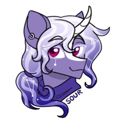 Size: 1000x1000 | Tagged: safe, artist:sickly-sour, imported from derpibooru, oc, oc only, pony, unicorn, constellation, curved horn, ear piercing, earring, eyebrows, eyebrows visible through hair, horn, jewelry, looking at you, piercing, simple background, smiling, solo, white background