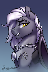 Size: 2000x3000 | Tagged: safe, artist:jedayskayvoker, imported from derpibooru, oc, oc:nocturnal sword, bat pony, pony, bat pony oc, bust, chains, fangs, folded wings, gradient background, icon, long mane, long mane male, male, patreon, patreon reward, portrait, scar, serious, serious face, slit pupils, solo, stallion, torn ear, wings