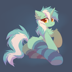 Size: 2000x2000 | Tagged: safe, artist:mirtash, imported from derpibooru, lyra heartstrings, pony, unicorn, blue background, butt, chest fluff, clothes, cute, ear fluff, female, looking at you, lyrabetes, lyrebutt, mare, plot, raised hoof, simple background, smiling, smiling at you, socks, solo, striped socks
