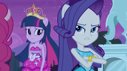 Size: 3072x1727 | Tagged: safe, imported from derpibooru, screencap, pinkie pie, rarity, twilight sparkle, human, equestria girls, equestria girls (movie), bare shoulders, big crown thingy, crossed arms, duo focus, element of magic, fall formal outfits, female, jewelry, night, offscreen character, ponied up, regalia, sleeveless, slim, smiling, statue, strapless, thin, twilight ball dress
