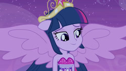 Size: 3072x1727 | Tagged: safe, imported from derpibooru, screencap, twilight sparkle, human, equestria girls, equestria girls (movie), bare shoulders, big crown thingy, element of magic, fall formal outfits, female, jewelry, night, ponied up, regalia, sleeveless, smiling, solo, spread wings, strapless, twilight ball dress, wings