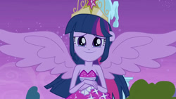 Size: 3072x1727 | Tagged: safe, imported from derpibooru, screencap, twilight sparkle, human, equestria girls, equestria girls (movie), bare shoulders, big crown thingy, crying, element of magic, fall formal outfits, female, jewelry, night, ponied up, regalia, sleeveless, smiling, solo, spread wings, statue, strapless, tears of joy, twilight ball dress, wings
