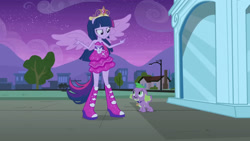 Size: 3072x1727 | Tagged: safe, imported from derpibooru, screencap, spike, twilight sparkle, dog, human, equestria girls, equestria girls (movie), bare shoulders, big crown thingy, boots, duo, duo male and female, element of magic, fall formal outfits, female, height difference, jewelry, male, night, ponied up, regalia, shoes, size difference, sleeveless, slim, smiling, spike the dog, spread wings, statue, strapless, thin, twilight ball dress, wings