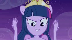Size: 3072x1727 | Tagged: safe, imported from derpibooru, screencap, twilight sparkle, human, equestria girls, equestria girls (movie), bare shoulders, big crown thingy, element of magic, fall formal outfits, female, jewelry, night, ponied up, regalia, sleeveless, smiling, solo, spread wings, strapless, wings