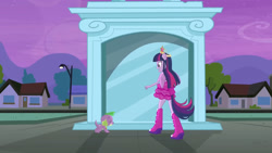 Size: 3072x1727 | Tagged: safe, imported from derpibooru, screencap, spike, twilight sparkle, dog, human, equestria girls, equestria girls (movie), bare shoulders, big crown thingy, boots, duo, duo male and female, element of magic, eyes closed, fall formal outfits, female, height difference, jewelry, long hair, male, night, open mouth, open smile, ponied up, regalia, shoes, size difference, sleeveless, slim, smiling, spike the dog, spread wings, statue, strapless, thin, twilight ball dress, wings