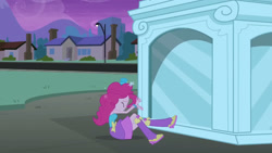 Size: 3072x1727 | Tagged: safe, imported from derpibooru, screencap, pinkie pie, human, equestria girls, equestria girls (movie), bare shoulders, boots, eyes closed, fall formal outfits, female, night, shoes, sleeveless, solo, statue, strapless