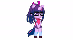 Size: 1853x1025 | Tagged: artist needed, source needed, safe, imported from derpibooru, sci-twi, twilight sparkle, human, equestria girls, bow, female, gacha, gacha club, gacha life, glasses, horn, ribbon, simple background, smiling, solo, standing, white background