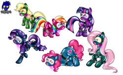 Size: 6784x4154 | Tagged: safe, alternate version, artist:damlanil, imported from derpibooru, applejack, fluttershy, pinkie pie, rainbow dash, rarity, twilight sparkle, alicorn, earth pony, latex pony, original species, pegasus, pony, unicorn, alternate color palette, bdsm, bondage, bound wings, close-up, clothes, collar, cuffs, encasement, gas mask, heart, hypnogear, latex, living latex, mane six, mask, mind control, raised hoof, restrained, rubber, rubber drone, rubber suit, shiny, shiny mane, show accurate, simple background, sitting, story included, transformation, transparent background, twilight sparkle (alicorn), vector, visor, wings