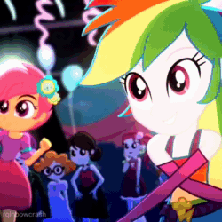 Size: 576x576 | Tagged: safe, edit, edited screencap, imported from derpibooru, screencap, sound edit, apple bloom, applejack, golden hazel, rainbow dash, roseluck, scootaloo, scribble dee, sophisticata, sweet leaf, teddy t. touchdown, human, eqg summertime shorts, equestria girls, raise this roof, animated, apple bloom's bow, background human, balloon, bare shoulders, belt, blinking, boots, bow, breakdancing, canterlot high, clothes, cowboy boots, cowboy hat, cutie mark, cutie mark on clothes, dancing, devil horn (gesture), fall formal outfits, female, frown, grin, hair bow, hand on hip, hat, male, night, open mouth, open smile, shoes, sleeveless, smiling, smirk, solo focus, sound, speaker, strapless, tiktok, webm