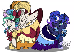Size: 1920x1358 | Tagged: safe, artist:julunis14, imported from derpibooru, princess celestia, princess luna, alicorn, pony, clothes, dress, duo, duo female, female, royal sisters, siblings, simple background, sisters, white background