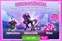 Size: 1961x1301 | Tagged: safe, imported from derpibooru, nightmare rarity, rarity, pony, unicorn, advertisement, costs real money, crown, english, eyeshadow, female, gameloft, gem, horn, jewelry, makeup, mare, mobile game, my little pony: magic princess, nightmarified, numbers, official, regalia, sale, solo, solo focus, text