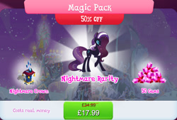 Size: 1268x857 | Tagged: safe, imported from derpibooru, nightmare rarity, rarity, pony, unicorn, bundle, costs real money, crown, english, eyeshadow, female, gameloft, gem, horn, jewelry, makeup, mare, mobile game, my little pony: magic princess, nightmarified, numbers, official, regalia, sale, solo, solo focus, text