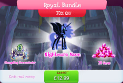 Size: 1269x856 | Tagged: safe, imported from derpibooru, nightmare moon, queen chrysalis, alicorn, pony, bundle, costs real money, english, ethereal mane, eyeshadow, female, gameloft, gem, helmet, horn, jewelry, makeup, mare, mobile game, my little pony: magic princess, numbers, official, regalia, sale, solo, solo focus, spread wings, text, throne, wings