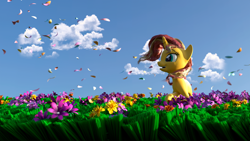 Size: 1920x1080 | Tagged: safe, artist:enteryourponyname, imported from derpibooru, sunset shimmer, pony, unicorn, 3d, blender, blender cycles, cloud, flower, grass, grass field, happy, smiling, solo, sunshine