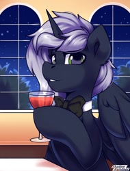 Size: 1200x1575 | Tagged: safe, artist:shadowreindeer, imported from derpibooru, oc, oc only, oc:quantum flash, alicorn, pony, alcohol, bowtie, bust, commission, glass, horn, looking at you, night, night sky, portrait, sky, slim, solo, spread wings, thin, window, wine, wine glass, wings