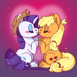 Size: 2000x2000 | Tagged: safe, artist:lionbun, imported from derpibooru, applejack, rarity, earth pony, pony, unicorn, accessory swap, applejack's hat, blushing, chibi, commission, commissioner:raritybro, cowboy hat, cute, duo, duo female, female, hat, kissing, lesbian, rarijack, shipping, ych result