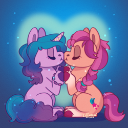 Size: 2000x2000 | Tagged: safe, artist:lionbun, imported from derpibooru, izzy moonbow, sunny starscout, earth pony, pony, unicorn, blushing, chibi, commission, commissioner:raritybro, cute, duo, duo female, female, g5, izzyscout, kissing, lesbian, shipping, unshorn fetlocks, ych result