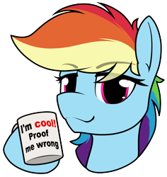 Size: 1690x1793 | Tagged: safe, artist:dacaoo, imported from derpibooru, rainbow dash, pegasus, pony, bust, cup, eyebrows, eyebrows visible through hair, female, grammar error, looking at you, mare, simple background, solo, transparent background