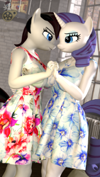 Size: 1080x1920 | Tagged: safe, artist:midnightdanny, imported from derpibooru, rarity, oc, oc:midnight harmony, anthro, pegasus, unicorn, 3d, canon x oc, outfit, room, source filmmaker