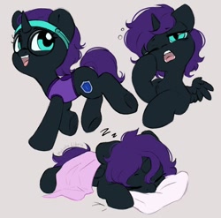 Size: 1070x1058 | Tagged: safe, artist:melodylibris, imported from derpibooru, oc, oc only, oc:nyx, alicorn, pony, alicorn oc, blanket, clothes, cute, female, filly, foal, glasses, gray background, headband, horn, lying down, ocbetes, onomatopoeia, open mouth, open smile, pillow, prone, round glasses, simple background, sleeping, sleepy, smiling, solo, sound effects, vest, wings, yawn, zzz