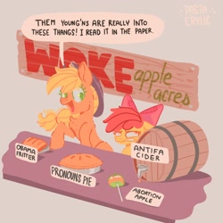 Size: 2048x2048 | Tagged: safe, artist:pastacrylic, imported from derpibooru, apple bloom, applejack, earth pony, pony, abortion, annoyed, antifa, apple, apple cider, apple pie, applecringe, barack obama, barrel, boomer humor, chest fluff, cider, cringing, dialogue, duo, female, filly, foal, food, fritter, happy, how do you do fellow kids, looking at someone, mare, open mouth, open smile, pie, politics, simple background, smiling