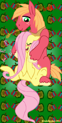 Size: 288x568 | Tagged: safe, artist:kindalkaykay, imported from derpibooru, big macintosh, fluttershy, earth pony, pegasus, pony, big macintosh's yoke, blushing, duo, female, floppy ears, fluttermac, hair over one eye, horse collar, hug, hug from behind, laughing, male, mare, shipping, stallion, straight, straw in mouth, underhoof, unshorn fetlocks