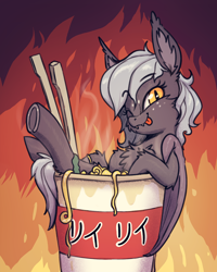 Size: 960x1200 | Tagged: safe, artist:shydale, imported from derpibooru, oc, oc only, oc:reeree, bat pony, pony, bat pony oc, bathing, cheek fluff, chest fluff, chopsticks, cup, cup of pony, ear fluff, fangs, female, fire, food, freckles, katakana, mare, membranous wings, micro, noodles, one eye closed, ponies in food, slit pupils, smiling, smirk, solo, tiny, tiny ponies, tongue out, wings, wink