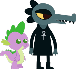 Size: 2970x2697 | Tagged: safe, artist:ponygamer2020, imported from derpibooru, spike, anthro, crocodile, dragon, ankh, beatrice santello, beatrike, clothes, crossover, crossover shipping, duo, female, male, night in the woods, pointy ponies, shipping, shirt, simple background, straight, style emulation, transparent background, vector