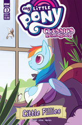 Size: 2063x3131 | Tagged: safe, idw, imported from derpibooru, rainbow dash, bird, pegasus, pony, chair, clothes, comic cover, curtains, dress, little women, my little pony classics reimagined: little fillies, official, official comic, plant, window