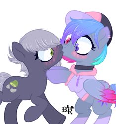Size: 2500x2662 | Tagged: safe, artist:blackkkrabbit, imported from derpibooru, limestone pie, oc, oc:galaxy (pegasus), earth pony, pegasus, pony, baseball cap, bipedal, blushing, canon x oc, cap, choker, clothes, commission, duo, ear piercing, earring, female, galastone, hat, heterochromia, hoodie, jewelry, kiss on the lips, kissing, lesbian, looking at each other, looking at someone, mare, piercing, raised hoof, shipping, simple background, socks, white background, ych result
