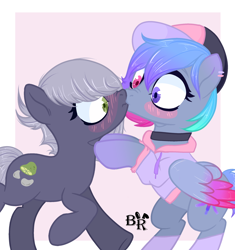 Size: 2500x2662 | Tagged: safe, alternate version, artist:blackkkrabbit, imported from derpibooru, limestone pie, oc, oc:galaxy (pegasus), earth pony, pegasus, pony, baseball cap, bipedal, blushing, canon x oc, cap, choker, clothes, commission, duo, ear piercing, earring, female, galastone, hat, heterochromia, hoodie, jewelry, kiss on the lips, kissing, lesbian, looking at each other, looking at someone, mare, piercing, raised hoof, shipping, socks, ych result
