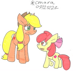 Size: 1152x1081 | Tagged: safe, artist:cmara, imported from derpibooru, apple bloom, applejack, earth pony, pony, apple sisters, butt, duo, female, filly, foal, mare, plot, siblings, simple background, sisters, traditional art, white background