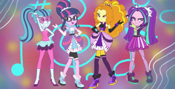 Size: 4000x2045 | Tagged: safe, artist:ajosterio, artist:bigpurplemuppet99, artist:mixiepie, imported from derpibooru, adagio dazzle, aria blaze, sci-twi, sonata dusk, twilight sparkle, human, equestria girls, friendship through the ages, bare shoulders, clothes swap, sleeveless, strapless, the dazzlings