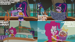 Size: 4400x2475 | Tagged: safe, edit, edited screencap, editor:quoterific, imported from derpibooru, screencap, pinkie pie, rarity, sci-twi, twilight sparkle, human, equestria girls, equestria girls series, the salty sails, bikini, clothes, female, hat, lifejacket, one-piece swimsuit, sarong, swimsuit, trio, trio female