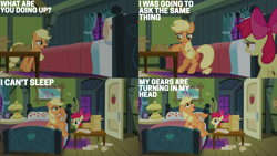 Size: 4400x2475 | Tagged: safe, edit, edited screencap, editor:quoterific, imported from derpibooru, screencap, apple bloom, applejack, earth pony, pony, apple family reunion, apple bloom's bow, bed, bow, duo, duo female, female, hair bow, nightstand, window