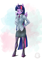 Size: 2171x3070 | Tagged: safe, artist:mysticalpha, imported from derpibooru, twilight sparkle, alicorn, anthro, unguligrade anthro, breasts, business suit, businessmare, busty twilight sparkle, clothes, female, grin, hand on hip, mare, necktie, pantyhose, smiling, solo, twilight sparkle (alicorn)