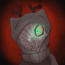Size: 2100x2100 | Tagged: safe, artist:cadetredshirt, imported from derpibooru, oc, oc only, oc:poison riddles, pony, fallout equestria, antlers, bust, clothes, commission, creepy, digital art, glowing, glowing eyes, hood, hooded cape, hoodie, simple background, solo, wrapped up