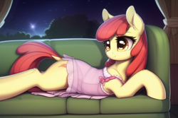 Size: 768x512 | Tagged: safe, imported from derpibooru, apple bloom, earth pony, pony, ai content, ai generated, alternate cutie mark, clothes, couch, dock, female, generator:novelai, generator:stable diffusion, looking back, lying down, mare, missing accessory, night, nightgown, older, older apple bloom, prone, see-through, solo, sploot, tail