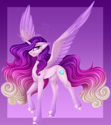 Size: 2536x2857 | Tagged: safe, artist:ouijaa, imported from derpibooru, princess cadance, alicorn, pony, abstract background, alternate design, beautiful, coat markings, colored belly, colored wings, concave belly, curly hair, curly mane, curly tail, ethereal mane, ethereal tail, eye clipping through hair, eye reflection, eyelashes, facial markings, female, floppy ears, gradient background, gradient hair, gradient hooves, gradient mane, gradient tail, gradient wings, grin, heart mark, high res, hooves, lightly watermarked, long mane, long tail, looking at you, looking up, older, older princess cadance, pale belly, purple background, purple eyes, raised hoof, raised leg, redesign, reflection, signature, simple background, slim, smiling, smiling at you, solo, spread wings, tail, tall, thin, three quarter view, wall of tags, watermark, wings