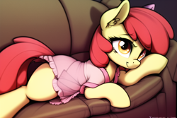 Size: 768x512 | Tagged: safe, imported from derpibooru, apple bloom, earth pony, pony, ai content, ai generated, clothes, couch, error, female, filly, foal, generator:novelai, generator:stable diffusion, lying down, missing accessory, nightgown, on side, solo